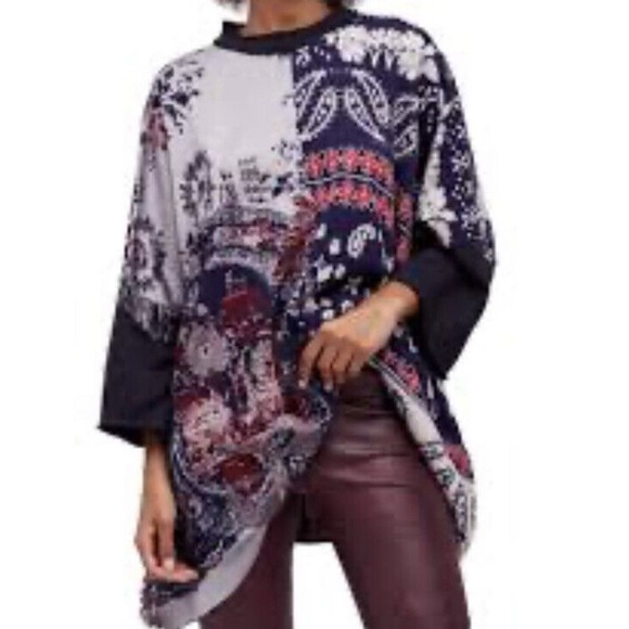 FREE PEOPLE OVERSIZED BOHO PIECED‎ PAISLEY FRINGE TUNIC TOP SIZE M/L - Picture 1 of 9